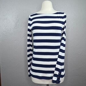 Lauren Ralph Lauren Women med long slv blue white stripe ruffle sleeve top